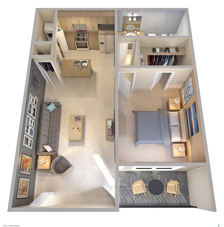 Floor plan for 1 bed, 1 bath, 750 sqft